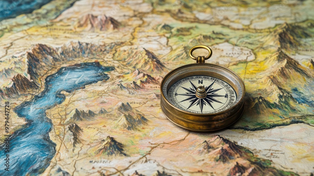 Antique compass on a hand-painted map, with brush strokes visible in the terrain Antique compass on a hand-painted map, with brush strokes visible in the terrain