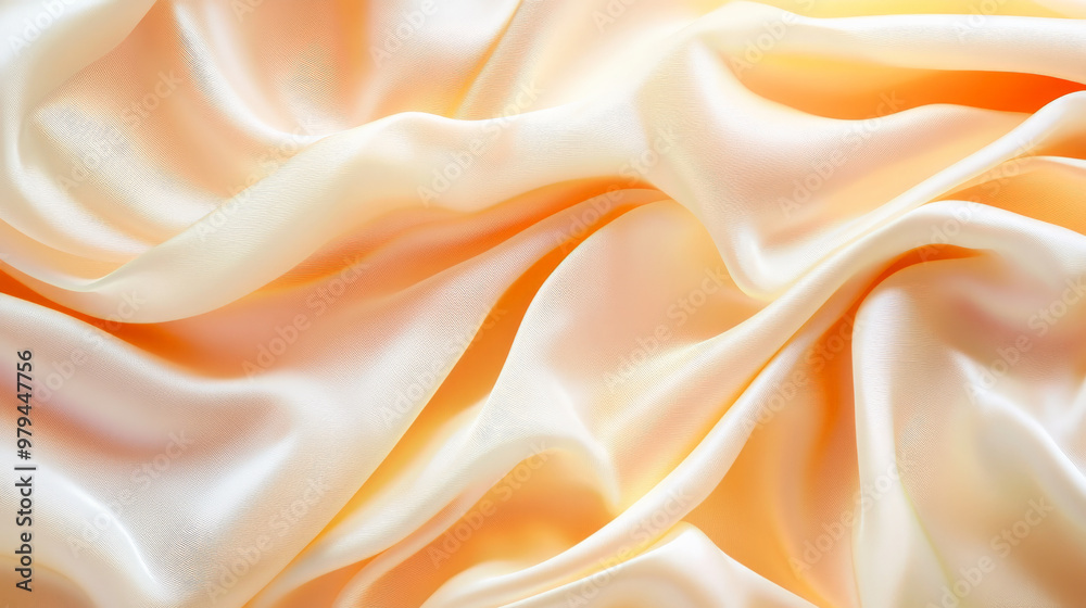Obraz premium Fluid waves of silk in pastel tones of peach and light yellow, creating an abstract, flowing background with gentle folds and soft shadows.