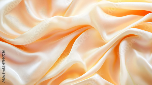 Fluid waves of silk in pastel tones of peach and light yellow, creating an abstract, flowing background with gentle folds and soft shadows.