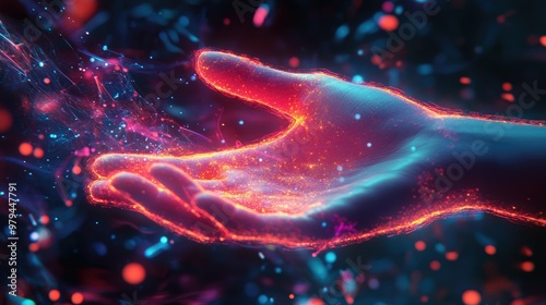 A glowing digital universe in the metaverse, being touched by a hand, representing the future of virtual worlds and technological transformation. photo