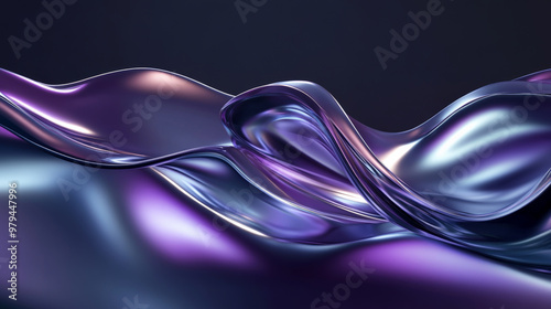 Futuristic 3D waves in a metallic silver and purple gradient, with fluid, undulating shapes casting dramatic shadows and reflecting light across a dark background. photo