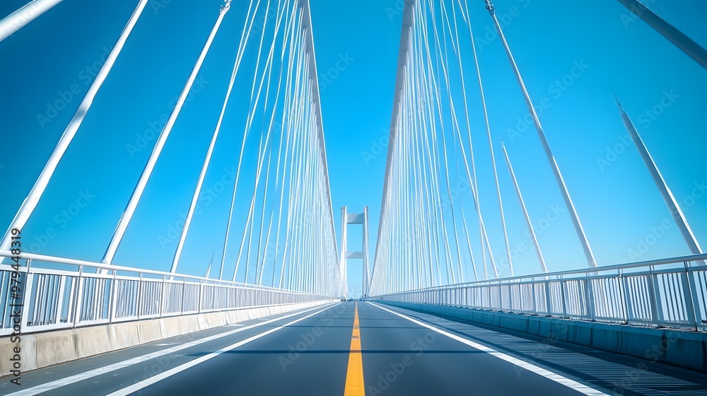 Obraz premium A modern cable-stayed bridge under a bright blue sky, characterized by white suspension cables and a symmetrical design, highlighting its architectural beauty in a sunlit environment.