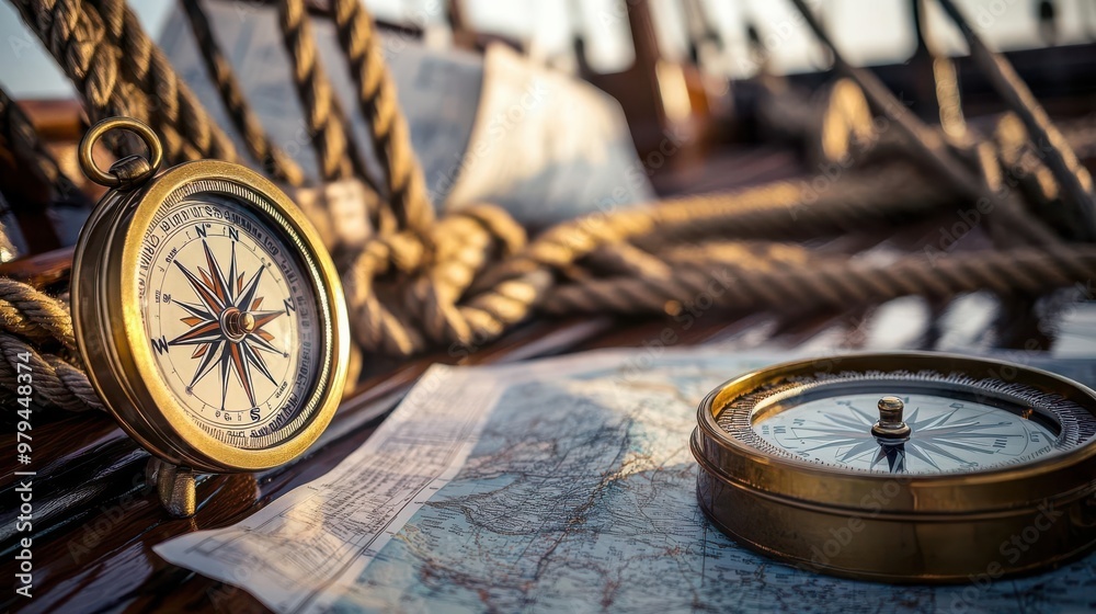 Compass and map on a ship's deck, with ropes and nautical charts in the ...