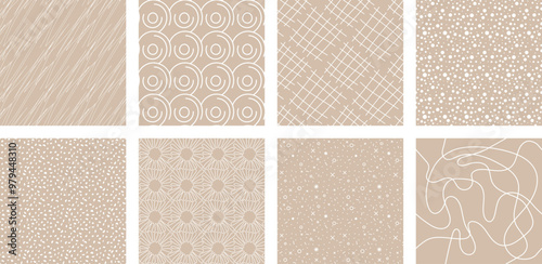 Neutrals color art abstract seamless pattern set. Beige endless geometric linear basic shapes print. Trendy neutral colors aesthetic figures background. Pastel boho style light brown fabric texture