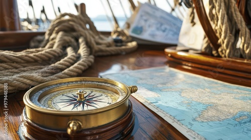 Compass and map on a ship's deck, with ropes and nautical charts in the background photo