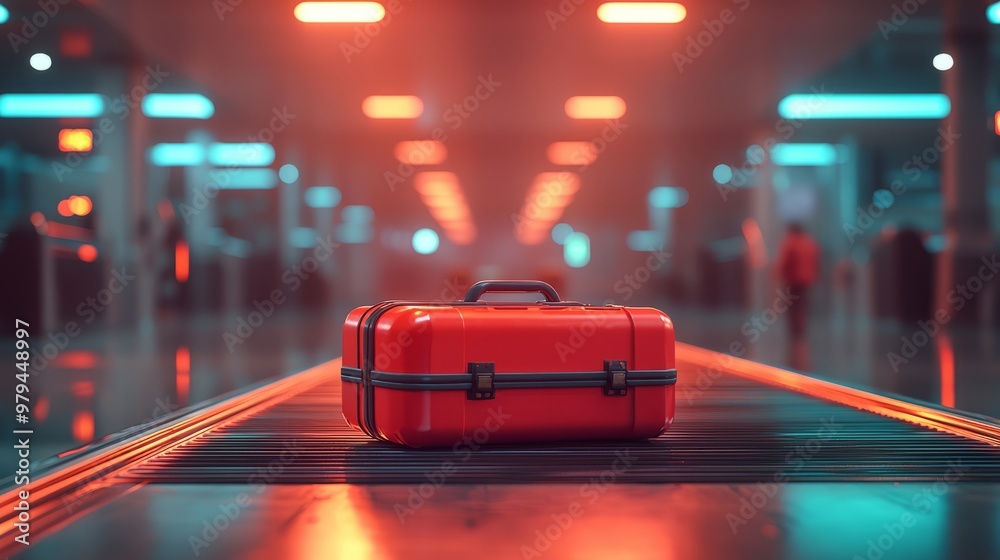 Red suitcase on conveyor belt at airport terminal Red suitcase on conveyor belt at airport terminal