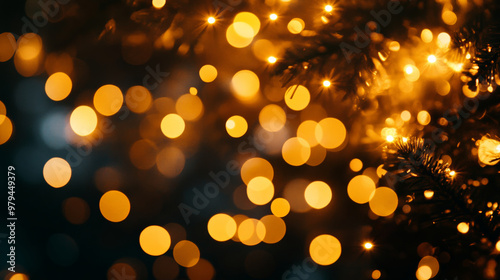 Golden glowing bokeh lights softly blurring into the distance against a dark background, creating a peaceful, warm atmosphere. photo