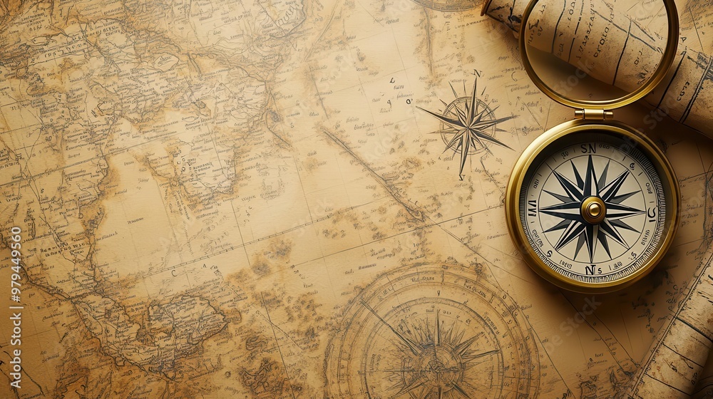 Compass and map with a background of old sailing charts and navigation logs Compass and map with a background of old sailing charts and navigation logs