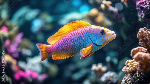 A colorful fish swimming in a tank with coral