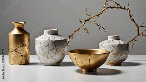 Traditional japaneese kintsugi products isolated in white pristine background. photo