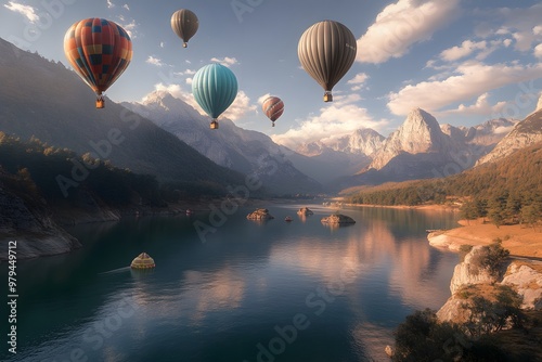 Hot Air Balloons Soaring Over Mountain Lake