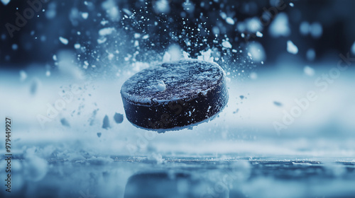 close up ice hockey puck in the arena photo