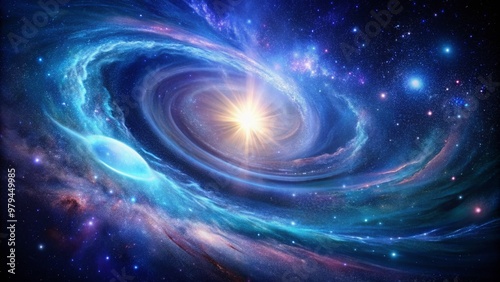 Vibrant galaxy swirls with shades of blue and purple, illuminated by a bright white star, set against a dark and mysterious cosmic background. photo