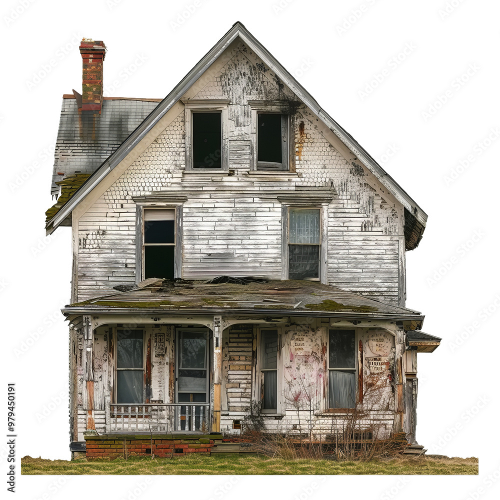 Showing the distressed facade of an abandoned house, slowly falling into disrepair Showing the distressed facade of an abandoned house, slowly falling into disrepair