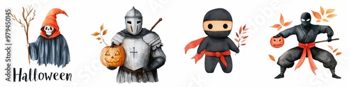 Illustration set featuring a skeleton in a hooded cloak holding a branch, a medieval knight holding a jack-o'-lantern, a cute ninja with a red sash, and a stealthy ninja in a combat stance holding a j photo