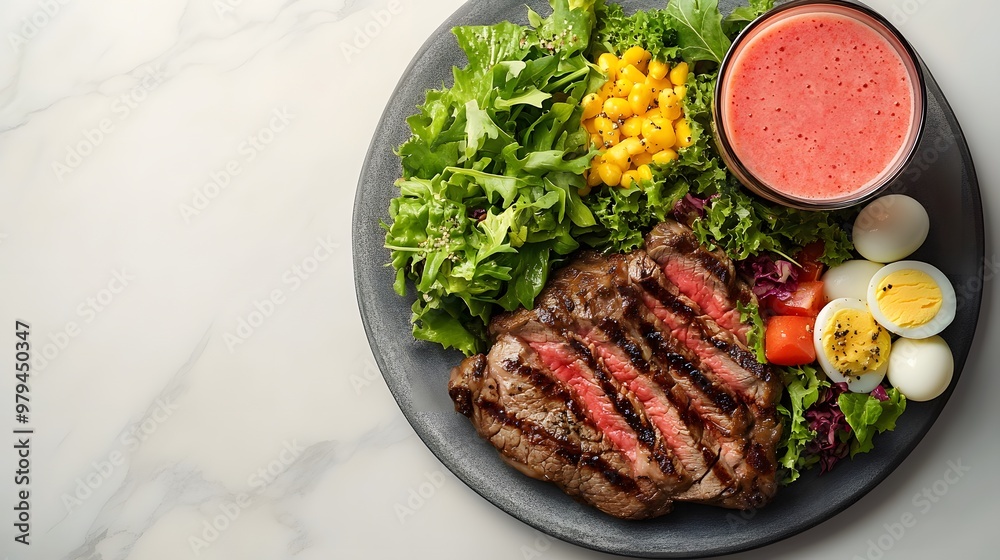 A white marble tabletop featuring grilled steak, hard-boiled eggs, and fresh salad, illustrating a balanced keto meal with appetizing colors and soft natural lighting. A white marble tabletop featuring grilled steak, hard-boiled eggs, and fresh salad, illustrating a balanced keto meal with appetizing colors and soft natural lighting.