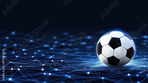 A soccer ball rests on a blurred stadium field, enhanced by blue glowing lines and digital connections, showcasing a modern, technology-driven sporting environment