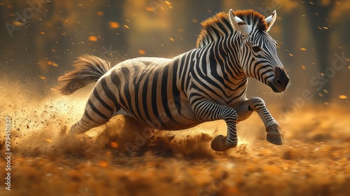 A zebra is running through the dirt, kicking up dust