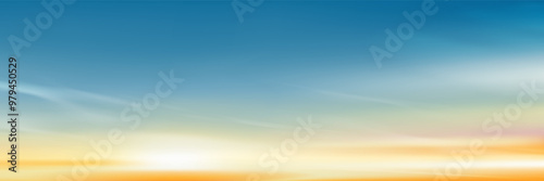 Sunset Sky Background,Sunrise with Yellow and Blue Sky,Nature Landscape Dramtic Golden Hour with twilight Sky in Evening after Sun Dawn,Vector Horizon Banner Sunlight for Four Seasons concept photo