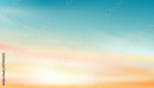 Pastel Sky in blue,orange,yellow,light green colour Background,Dramatic twilight landscape with Sunset in evening,Vector horizon Sunrise in Morning banner of Sunlight for four season backdrop