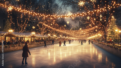 outdoor ice rink in the night with christmas lights 