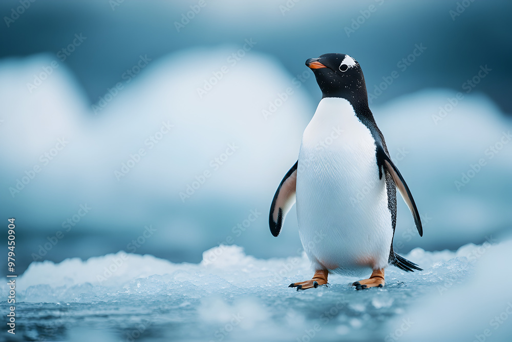 Fototapeta premium Penguin on ice with a blue-toned sky 