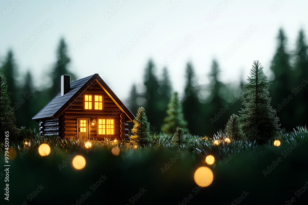 Charming miniature house glowing warmly among lush green trees, evoking a cozy, tranquil atmosphere in a serene landscape. Charming miniature house glowing warmly among lush green trees, evoking a cozy, tranquil atmosphere in a serene landscape.