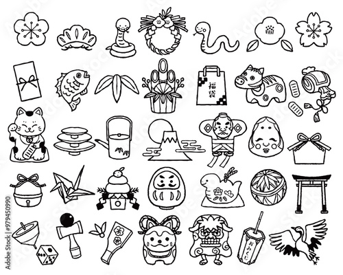 日本のお正月イラストアイコンセット　手描き白黒線画　（巳年）