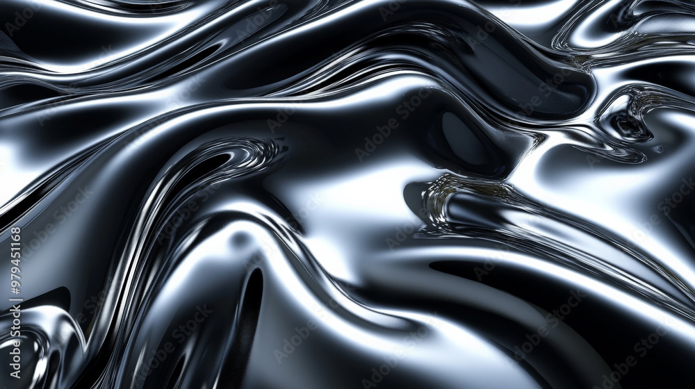 Metallic silver 3D waves flowing across a dark background, with reflective surfaces catching light and casting intricate shadows to enhance the depth and movement. Metallic silver 3D waves flowing across a dark background, with reflective surfaces catching light and casting intricate shadows to enhance the depth and movement.