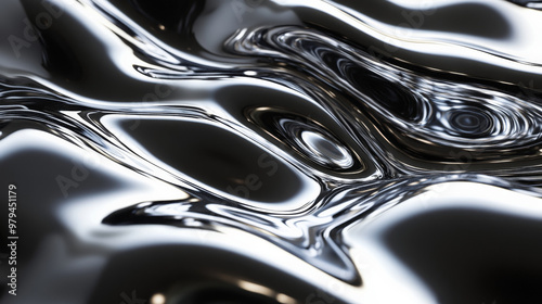 Metallic silver 3D waves flowing across a dark background, with reflective surfaces catching light and casting intricate shadows to enhance the depth and movement.