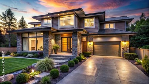 captivating twilight evening exterior shot spotlights modern home's facade warm soft lighting beautiful landscaping increasing home sale curb appeal