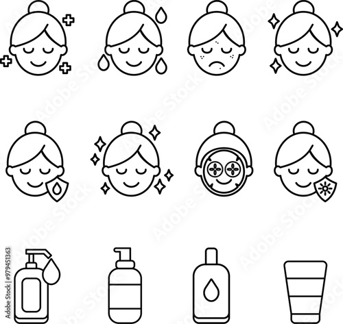 Skin Care facial Line Icons set