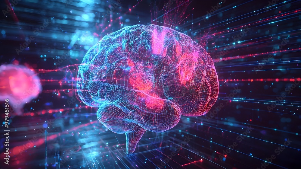 Surreal Neural Data Streaming Visualization Illustrating Brain-Computer Interface Gaming Technology