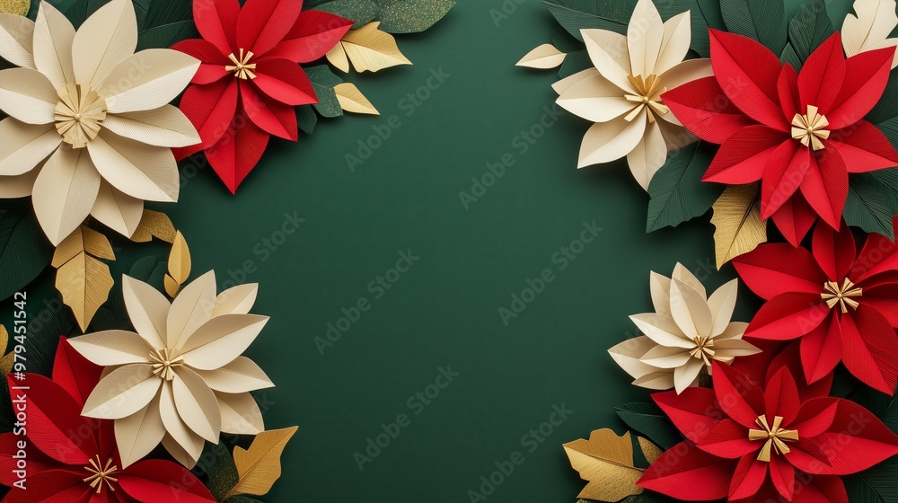 Christmas Poinsettia flowers in red, white, and green paper cut art with copy space on a green background Christmas Poinsettia flowers in red, white, and green paper cut art with copy space on a green background
