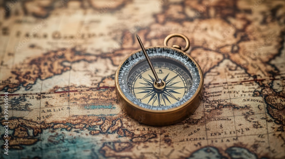 Detailed shot of a compass needle, hovering over an antique map of the seven seas Detailed shot of a compass needle, hovering over an antique map of the seven seas