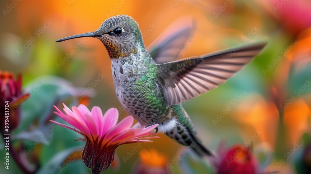 Naklejka premium Hummingbird in Flight Over Pink Flower