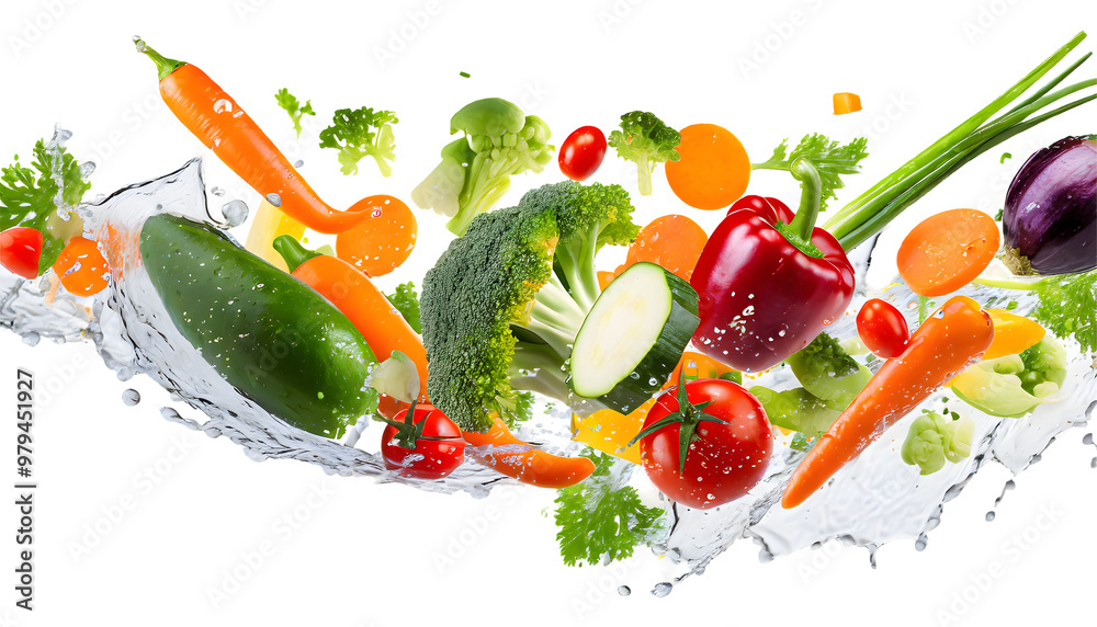 mixed vegetables Splashes on a white isolated background. Generative AI. mixed vegetables Splashes on a white isolated background. Generative AI.