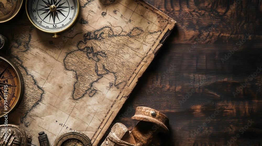 Fototapeta premium Explorer s table with a compass, map, and ancient artifacts hinting at past adventures