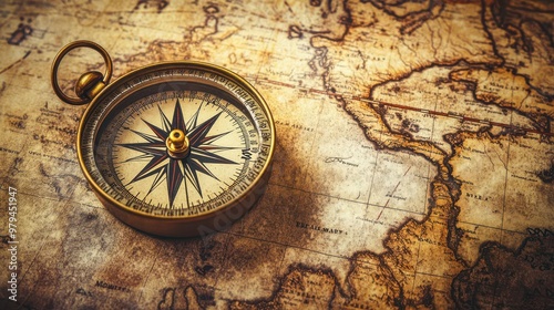 Dusty old compass on a weathered map, sepia tones highlighting its vintage appeal