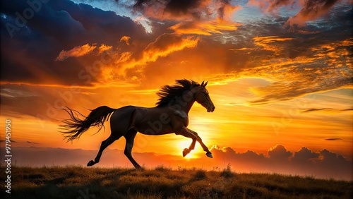 vibrant orange sunset wild horse running free powerful movement dynamic silhouette open range rugged terrain strong emotional connection freedom spirit