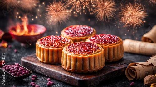 Delicious mooncakes arranged on a wooden board with festive fireworks in the background, perfect for celebrations. photo