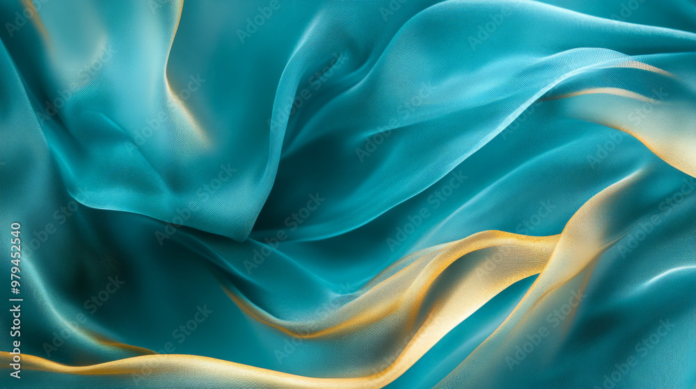 Obraz premium Silky smooth waves of fabric in shades of teal and gold, folding and swirling to create an abstract background full of depth and texture.