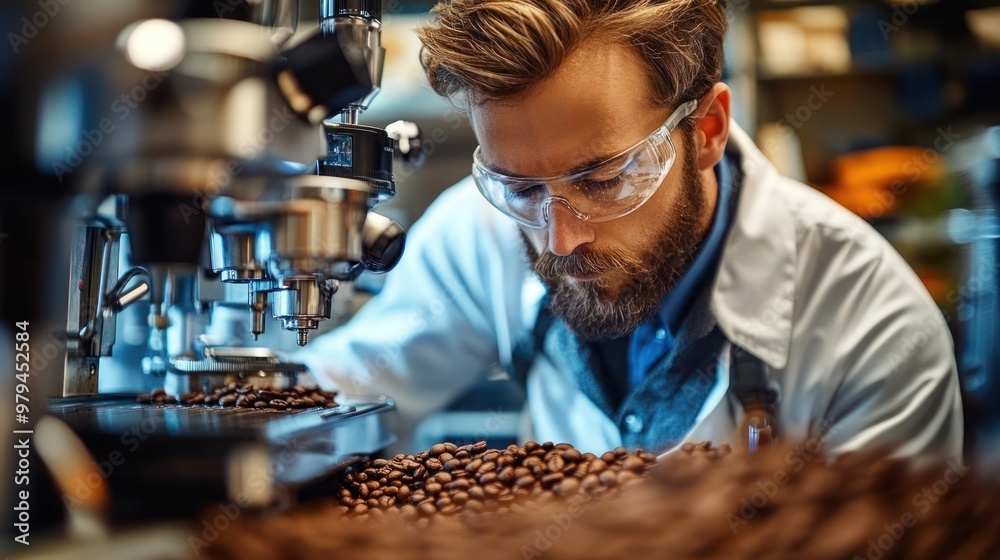 Male scientist analyzing coffee beans in laboratory wearing protective gear, coffee beans at laboratory. Male scientist analyzing coffee beans in laboratory wearing protective gear, coffee beans at laboratory.