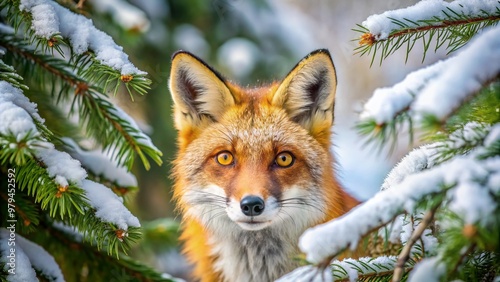 A curious, rusty-red fox with a bushy tail and piercing yellow eyes peeks out from behind a snow-covered evergreen tree in a winter forest.