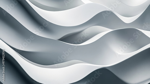 Smooth, undulating 3D waves in a monochromatic gray palette, creating a minimalist, futuristic abstract pattern with deep shadows and subtle light reflections.