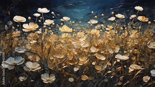 Painting of a glass flower field at night, high quality, high resolution