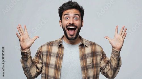 An excited indian man feeling happy and joy with a surprised expression in white background