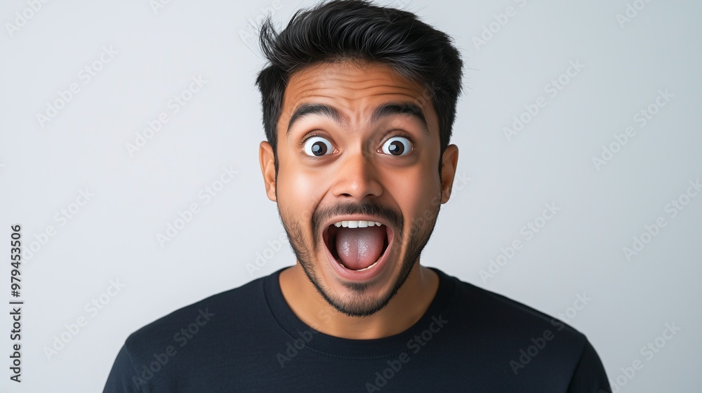 An excited indian man feeling happy and joy with a surprised expression in white background An excited indian man feeling happy and joy with a surprised expression in white background