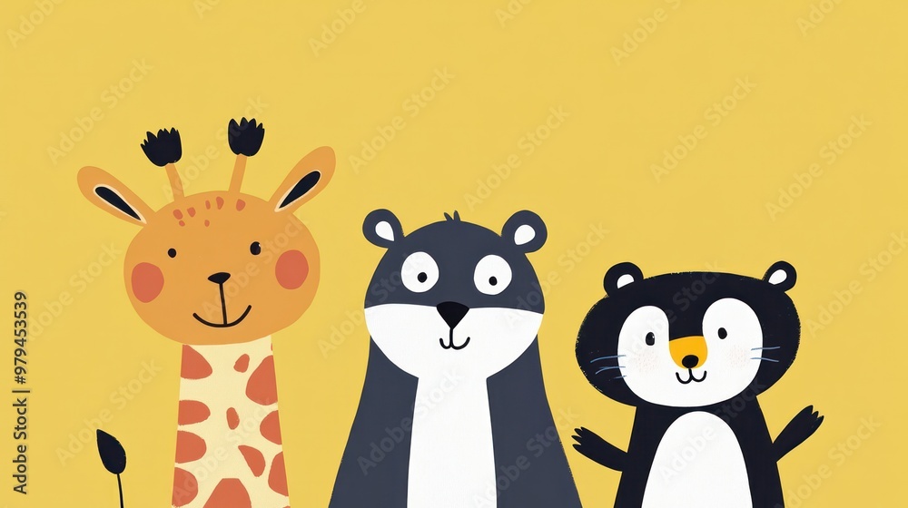 Naklejka premium Three cartoon animals, a giraffe, a bear, and a cat