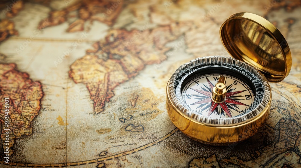 Retro compass lying on an ancient world map, with subtle shadows creating depth Retro compass lying on an ancient world map, with subtle shadows creating depth